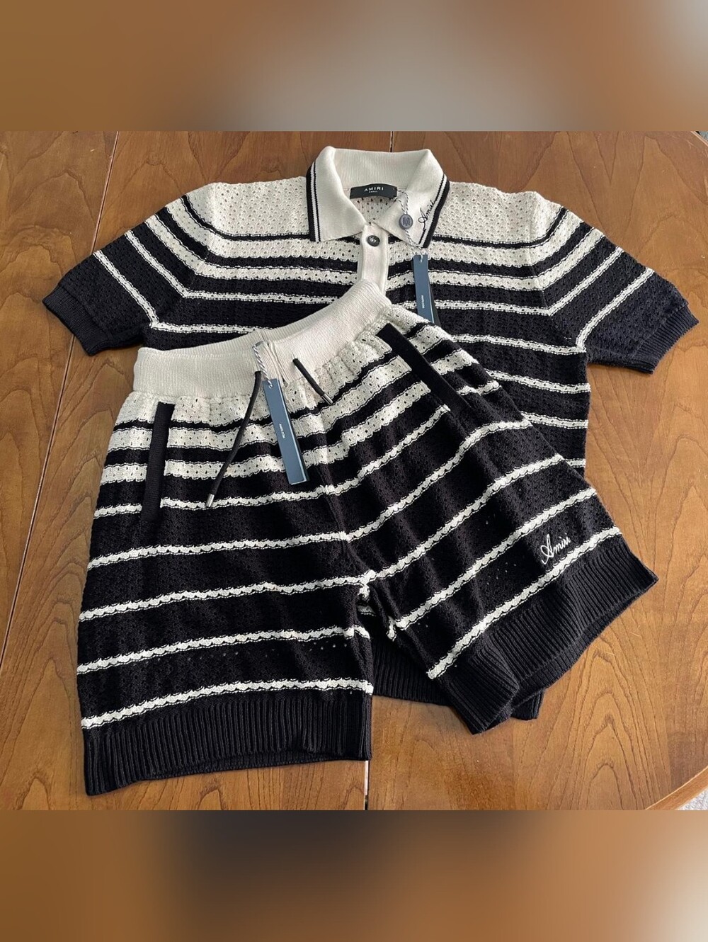 AMIRI Men's Black & White Striped Knit Shirt & Shorts Set- Size M